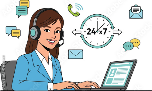 Professional customer service team with female call center agent and female technical support representative working on laptops, online helpdesk concept