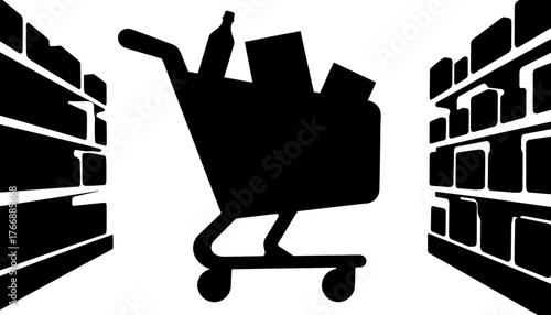 Silhouette of a shopping cart filled with groceries in supermarket aisle  
