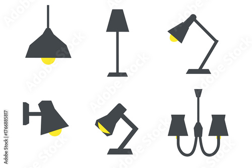 Collection of modern interior lighting fixtures including desk lamps, floor lamps, and chandeliers
