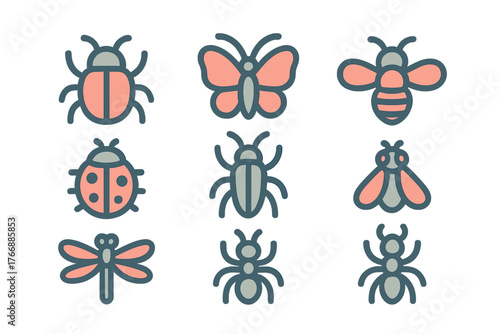 Set of various insects and bugs including butterfly, bee, ant, ladybug, and dragonfly