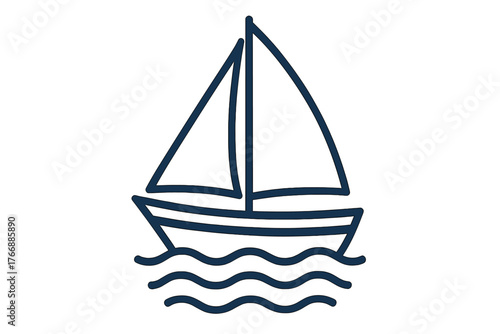 Small sailboat navigating stylized ocean waves in minimalist outline style