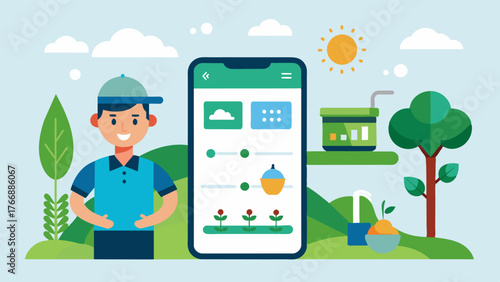 A mobile app allows farmers to remotely schedule irrigation for their crop fields.. Vector illustration