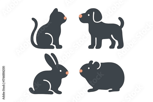 Minimalist dark gray silhouettes of common domestic pets including a cat, dog, rabbit, and guinea pig on a white background