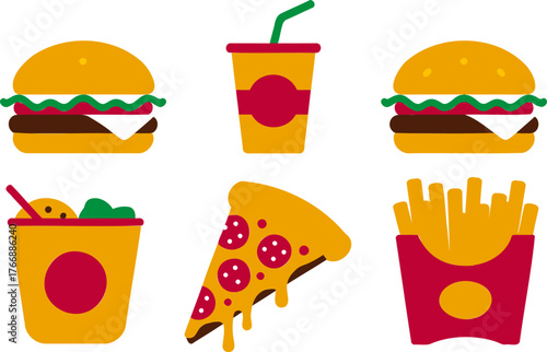 A collection of colorful flat design vector icons of fast food items including burgers, pizza, fries, and a drink.
