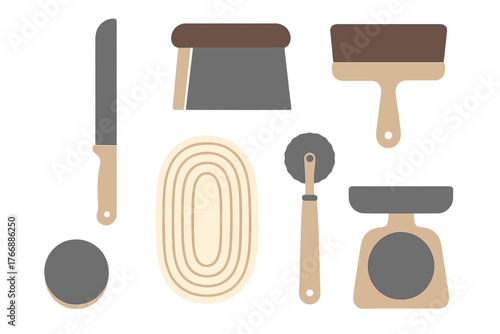 Essential baking tools set including knife scraper brush scale and dough preparation items