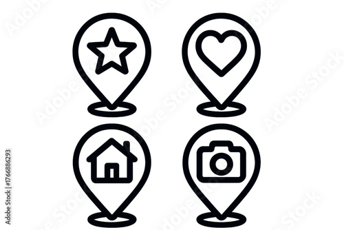 Outline location map pins featuring star, heart, home, and camera symbols for navigation