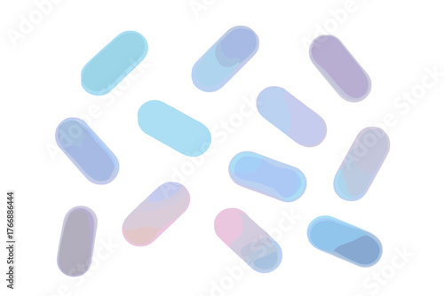 Abstract background pattern of soft pastel gradient capsules scattered randomly on a white surface