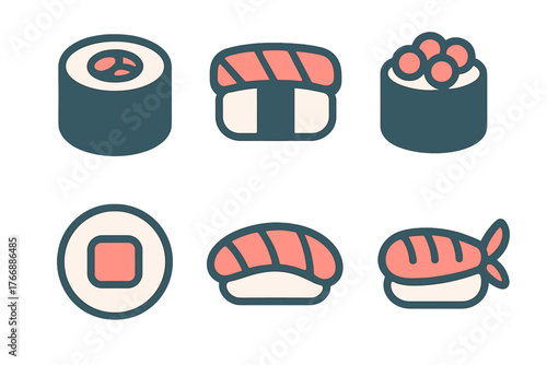 Stylized set of six Japanese sushi and maki roll icons with seafood toppings