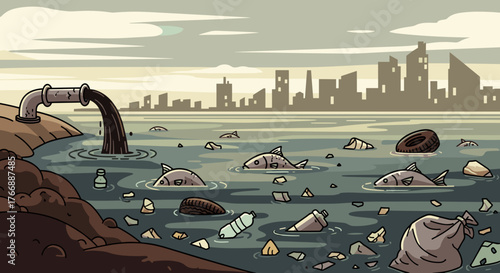 dead fish floating in contaminated pond, environmental pollution concept