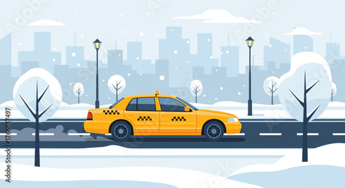 Yellow taxi driving on snowy winter road, urban winter scene, flat vector illustration