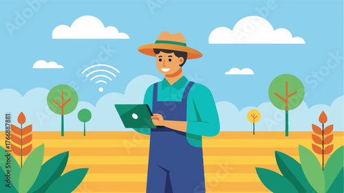 A farmer stands confidently in front of his crop fields with his tablet in hand checking the realtime data from IoT sensors in the soil.. Vector illustration
