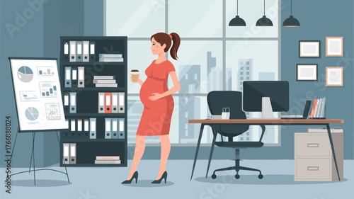 Illustration of a pregnant woman in a red dress holding a coffee cup in a modern office with charts.