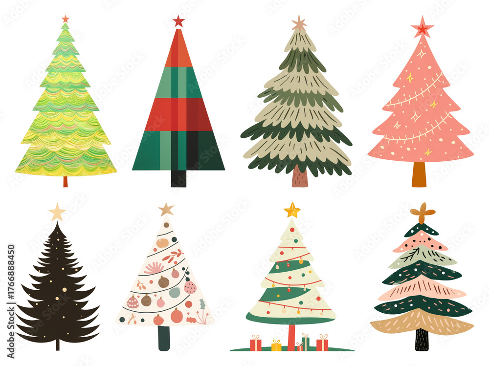 Obraz premium PNG Colorful festive Christmas trees, element set on transparent background