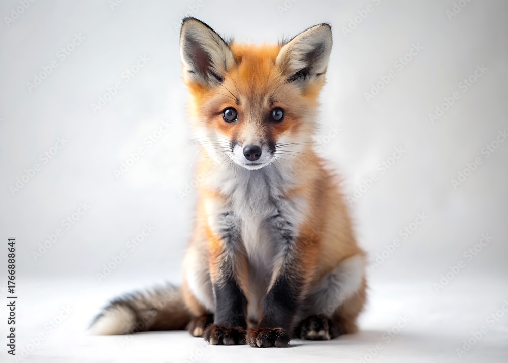 Obraz premium Adorable baby red fox with fluffy fur sitting on a clean white background looking directly at the camera 1
