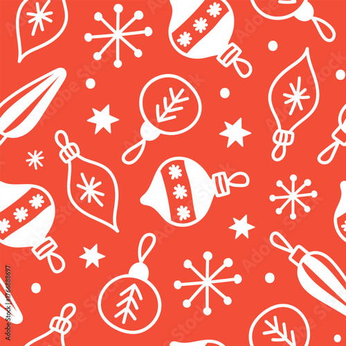 Modern christmas seamless pattern with white christmas balls and snowflakes on a red background. Vector festive hand drawn illustration