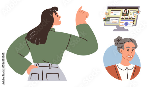 Young woman gestures towards a computer screen displaying family history and genealogy information alongside an elderly womans portrait. Ideal for ancestry, heritage, genealogy, family connections