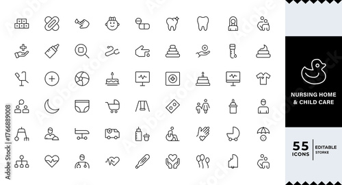 Pixel Perfect, Nursing Home and Child Care Icon Set.Compassionate icons for elder care, child safety, and support services,isabled, nurse, emergency, medical, hospital, responsibility, and caring.