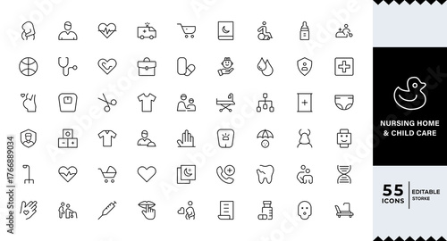 Pixel Perfect, Nursing Home and Child Care Icon Set.Compassionate icons for elder care, child safety, and support services,isabled, nurse, emergency, medical, hospital, responsibility, and caring.