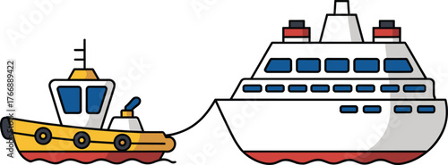 Cartoon boat illustration set, tugboat towing  ship vector, colorful maritime transport icon pack, nautical design with stylized waves