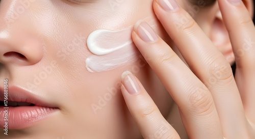 Close-up of a woman applying moisturizer to her face for skincare.