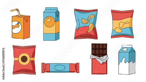 Assorted Refreshments Cartoon-Style Illustrations of Juice Boxes and Snack Packages