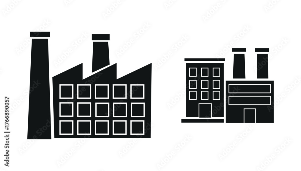 Obraz premium Factory buildings icon set. Business manufacture, industrial station, chemical industry, construction symbol icons. Building icon set in line black. Real estate logo. Vector illustration.