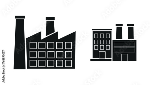 Factory buildings icon set. Business manufacture, industrial station, chemical industry, construction symbol icons. Building icon set in line black. Real estate logo. Vector illustration.