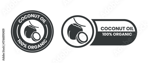Coconut oil half with leaf icon set. 100% organic and natural. Coconut oil label, logo, badge, symbol, banner, line, flat vector, isolated illustration. Coconut oil label for product packaging design.