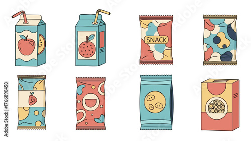 A collection of colorful cartoon snack food and drink illustrations. Vector set of junk food icons including chips, chocolate, and juice