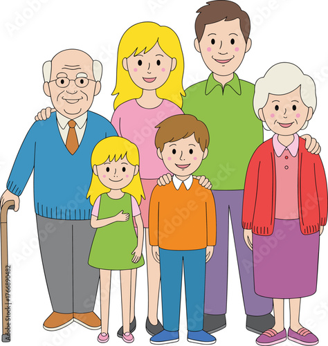 Cartoon multigenerational family portrait, smiling characters, diverse age group, grandparents and children, happy family illustration, colorful people art, white background
