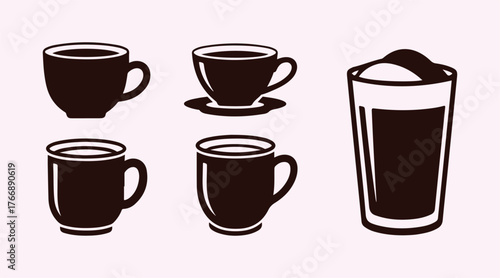 Set of coffee-themed icons. Features a coffee cup, tea, cocoa, and latte. Vector design.