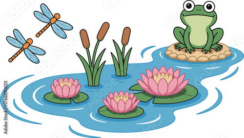 Cartoon pond scene with frog and dragonflies, water lilies and cattails, nature illustration, whimsical wildlife art, colorful aquatic setting, white background