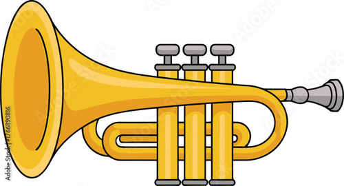 Cartoon trumpet illustration, brass musical instrument, yellow trumpet clipart, jazz band element, vector trumpet drawing, trumpet with valves, isolated white background