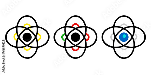 Vector illustration of three atom icons in a row, representing atomic structure with orbiting electrons around the nucleus, shown in outline, solid black, and colorful versions on a white background .