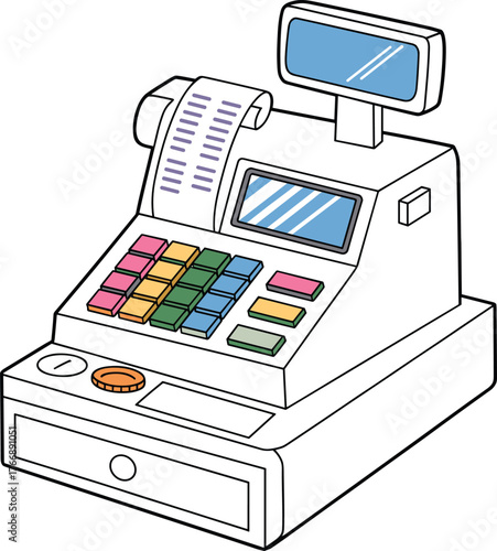Cash register cartoon illustration, colorful point-of-sale device vector, receipt and button icon pack, retail transaction machine design graphic