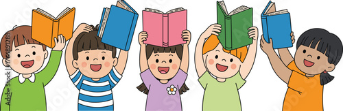 Children holding books illustration, joyful reading scene, colorful cartoon kids, education and learning concept, playful classroom visual, school enthusiasm