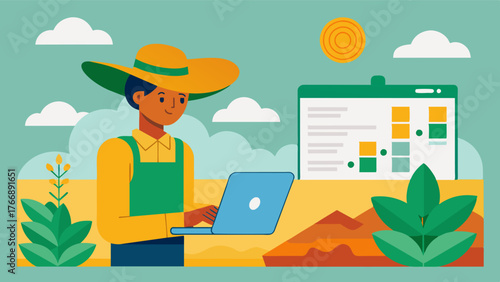 A farmer using specialized software to analyze historical data and create a personalized irrigation plan for each crop on their farm.. Vector illustration