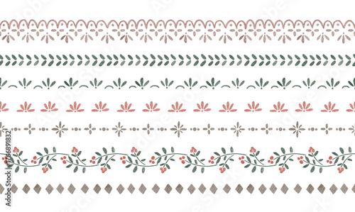 Watercolor seamless borders for christmas decor. Traditional folk ornaments, holiday festive vintage background.