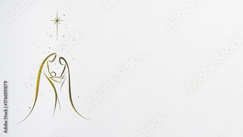 A minimalist nativity scene with a golden outline, including the star of Bethlehem and the figures of the Virgin Mary, Joseph and baby Jesus, rendered in a plain, white background. Copy space, 16:9.