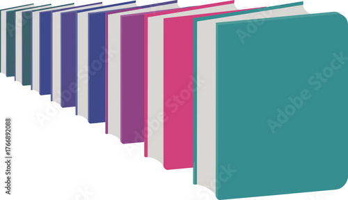 Colorful book illustration, diagonal arrangement, educational concept, solid covers, modern design, minimal style, perspective view, cartoon books, clean layout, learning material