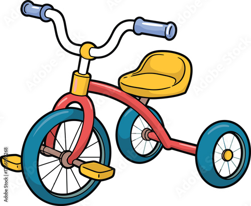 Colorful tricycle illustration for kids, cartoon-style vector design, red frame with blue wheels, yellow seat and pedals, playful children’s icon