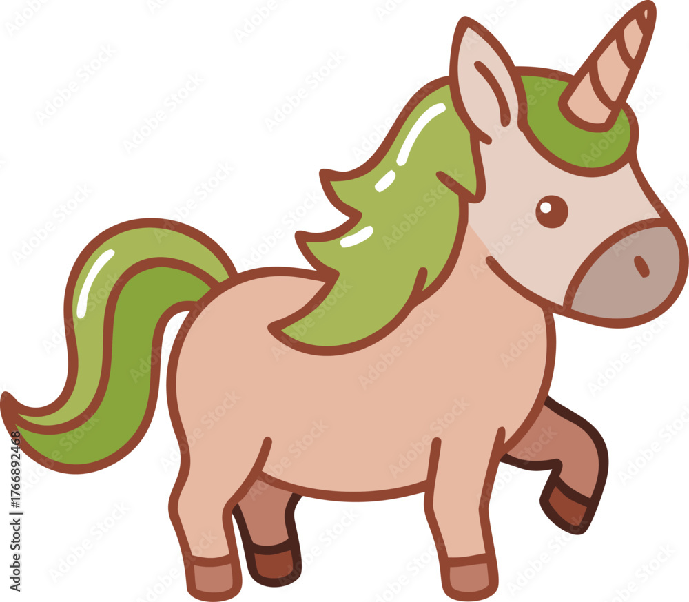 Fototapeta premium Cute unicorn cartoon, full body fantasy horse with a magic horn and green mane. Adorable mascot symbol for kids game or party design.