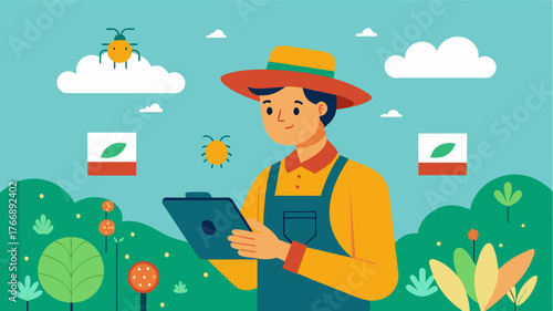 A farmer using a tablet to document crop yields weather conditions and pest infestation levels creating a comprehensive farm record.. Vector illustration