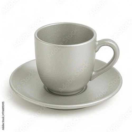 Metallic silver cup with saucer isolated on white background