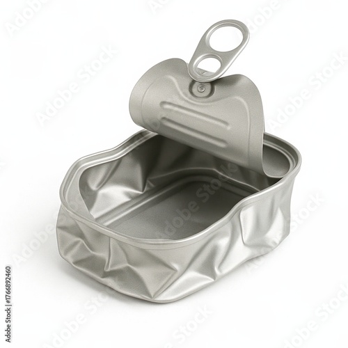 Opened and crushed metallic silver tin can isolated on white background