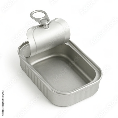 Open metallic silver sardine can isolated on white background