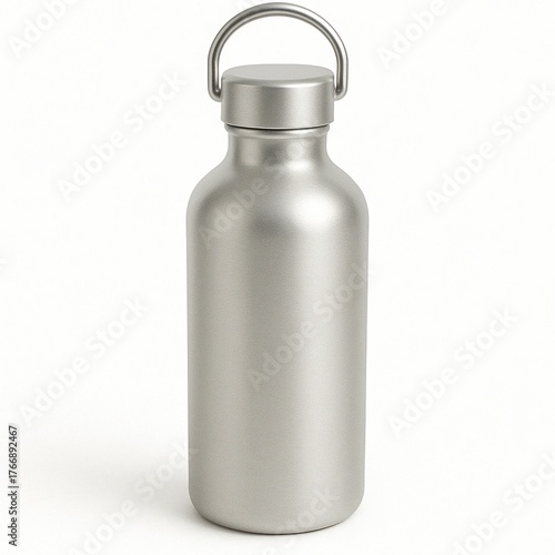 Metallic silver water bottle with handle isolated on white background