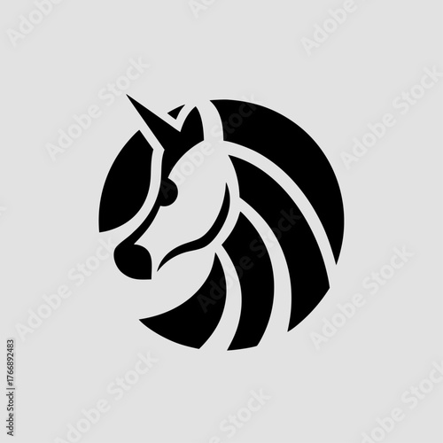 Unicorn logo circle, majestic fantasy horse head with horn in black silhouette. Mythical creature symbol for brand or sport.