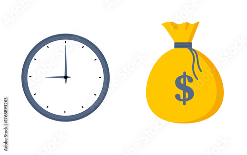 Time is money. Clock and dollar bag a balance scale. Financial concept .Time value of money asset growth over time depicts investment in long-term equity. Vector