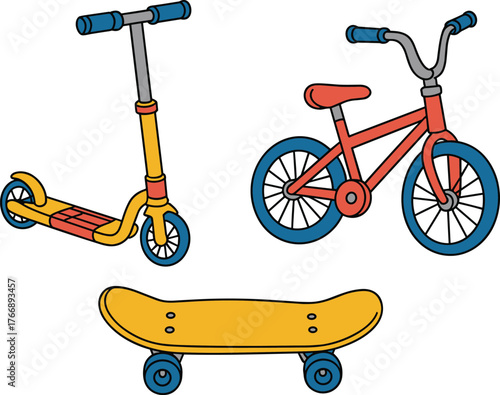 Kids transportation icon set, cartoon-style scooter bicycle skateboard vector, colorful recreational design, personal mobility symbol pack for children